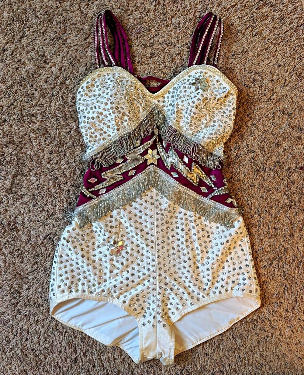 VTG Women’s S Rhinestone Beaded Majorette Costume Leotard Bodysuit White Maroon